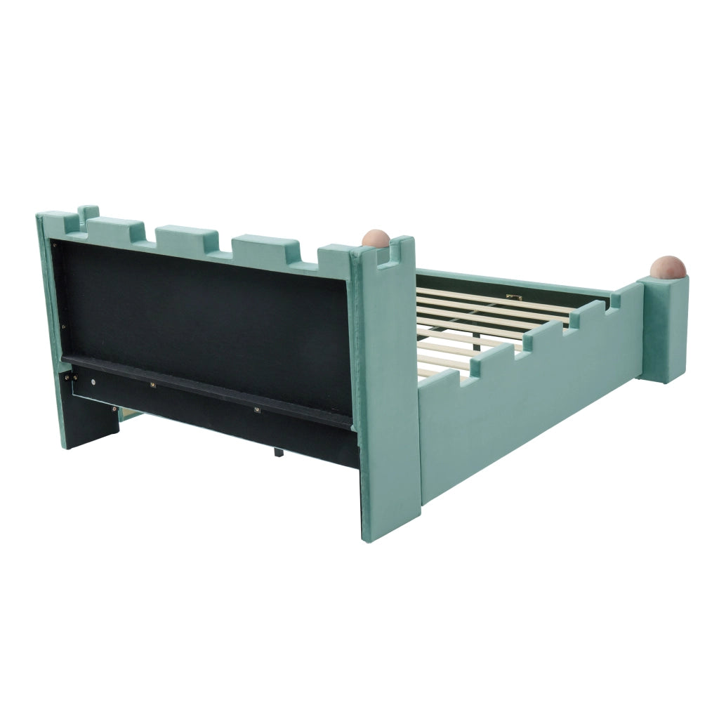 Letto con cassetti 140 × 200 cm con ripiano pieghevole; bordi imbottiti; legno e velluto francese blu-verde