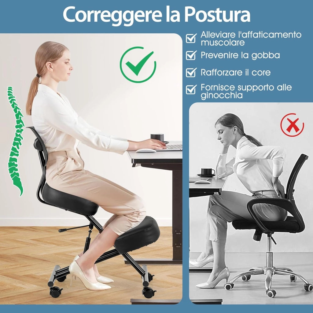 Sedia Ergonomica Inginocchiata con Schienale e Ruote, Sedia da Ginocchio Regolabile Posturale Struttura in Metallo, Sgabello Ergonomica per Casa e Ufficio (con Schienale)