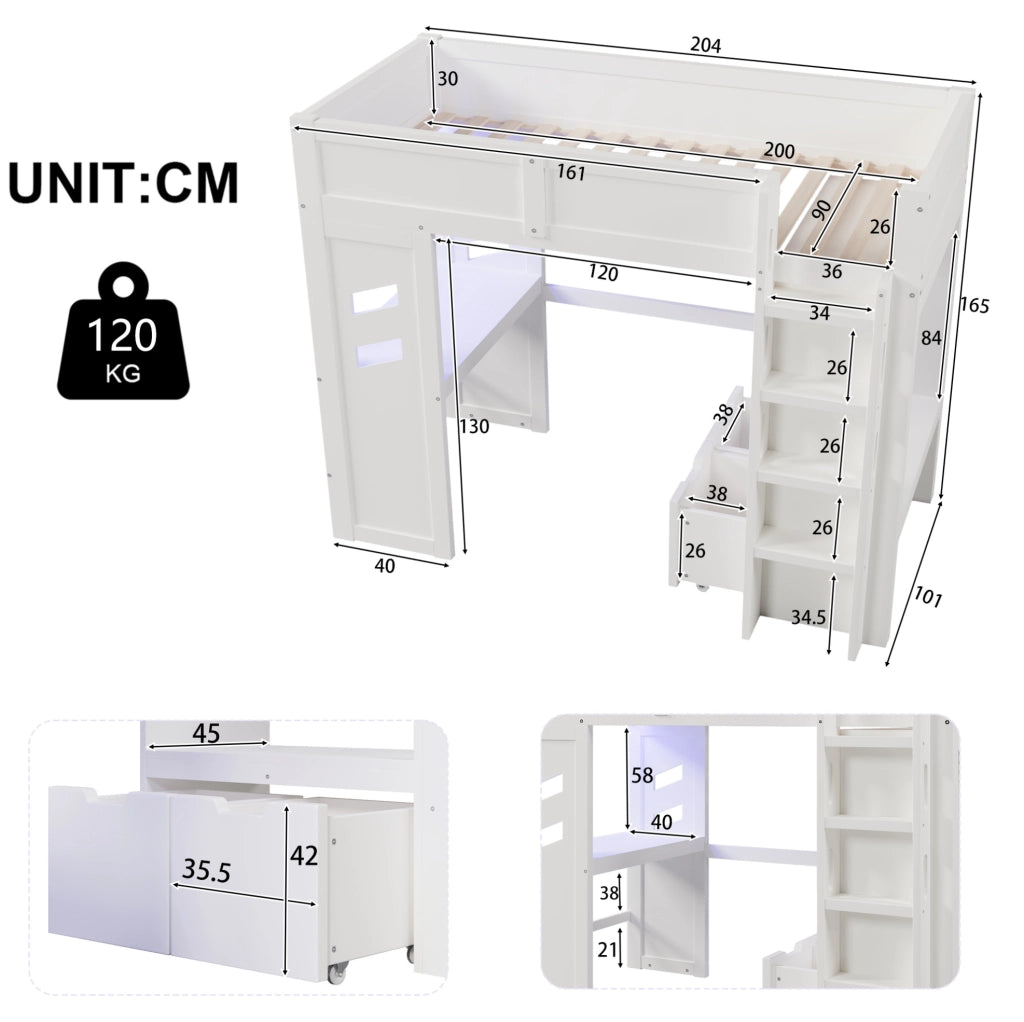 Letto a soppalco 90x200 cm con scrivania e LED in legno di pino e MDF bianco