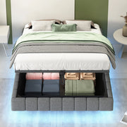Letto imbottito 140x200 cm con contenitore; LED multicolore e struttura sospesa grigia