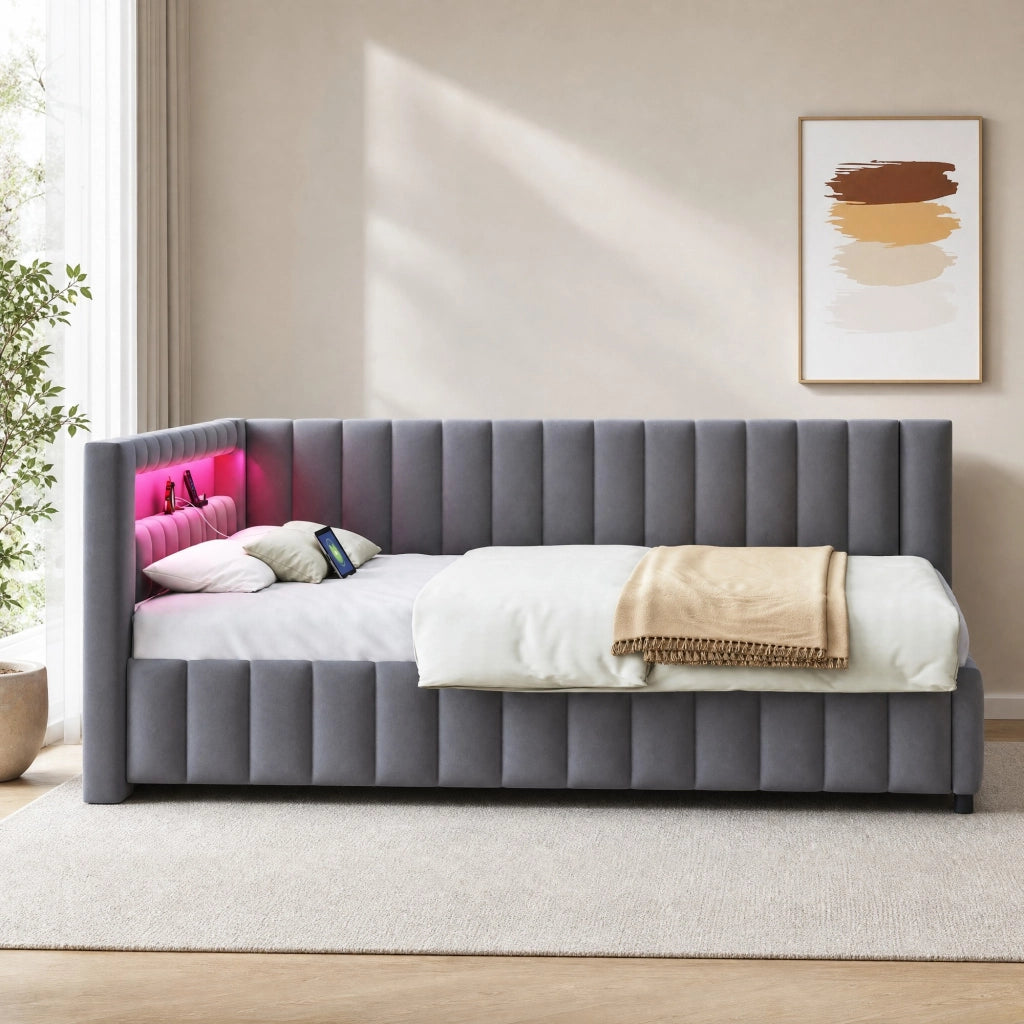 DESMIU Letto divano 140 × 200 cm 2 posti con LED, USB e schienale, senza materasso, in velluto, grigio
