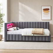 DESMIU Letto divano 140 × 200 cm 2 posti con LED, USB e schienale, senza materasso, in velluto, grigio