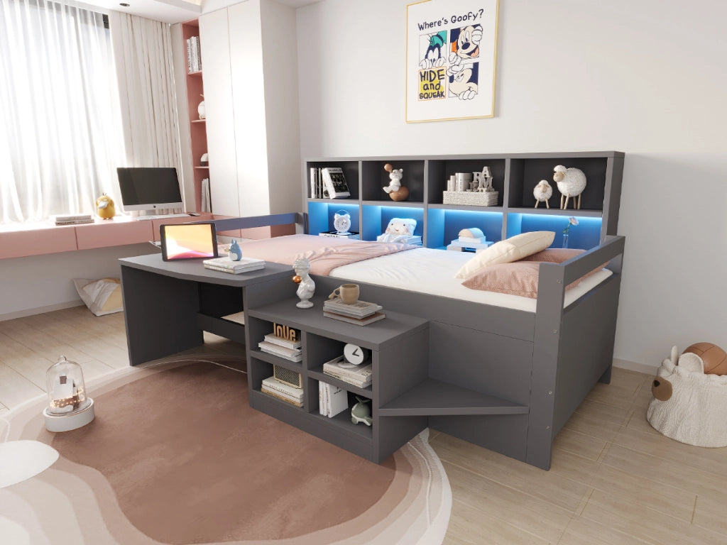 Letto a soppalco per bambini 90 × 200 cm con scrivania, vani portaoggetti, LED, USB e presa, senza materasso