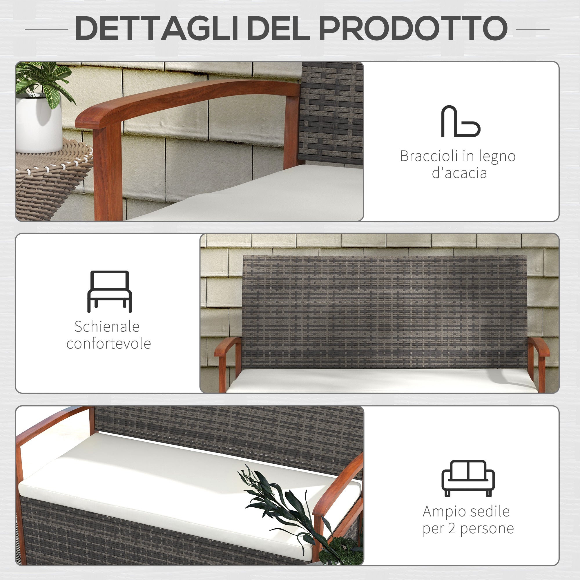 Divano da Giardino 2 Posti con Spazio Portaoggetti e Cuscini 127.5x64x81 cm in Rattan e Acciaio