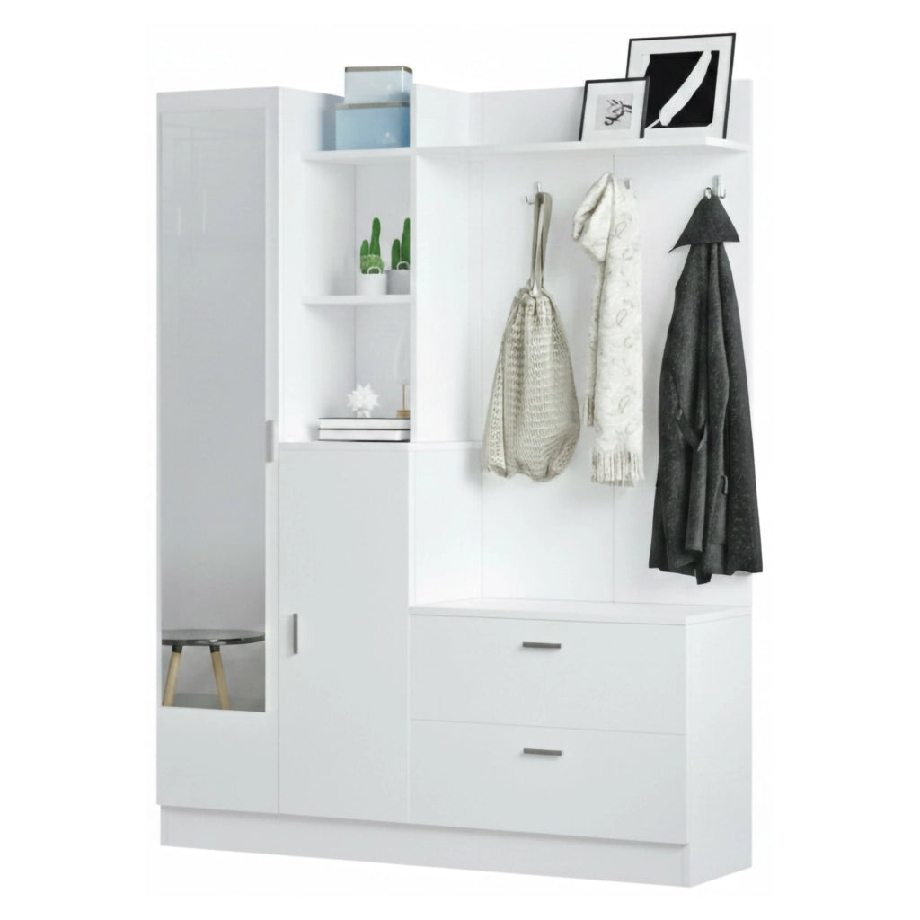 Mobile da ingresso Anumali, Entratina appendiabiti, Composizione per atrio, Consolle portaoggetti multifunzione, 140x37h182 cm, Bianco
