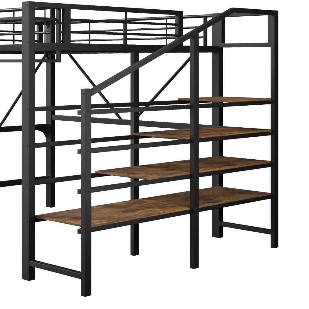 Letto a soppalco 140x200 cm in metallo nero con scala contenitore e LED