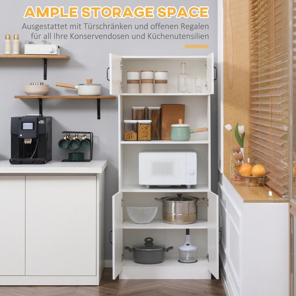 Mobile cucina alto con 4 ripiani e 4 ante, vano aperto per microonde, per soggiorno, in MDF bianco, 70 × 40 × 170 cm