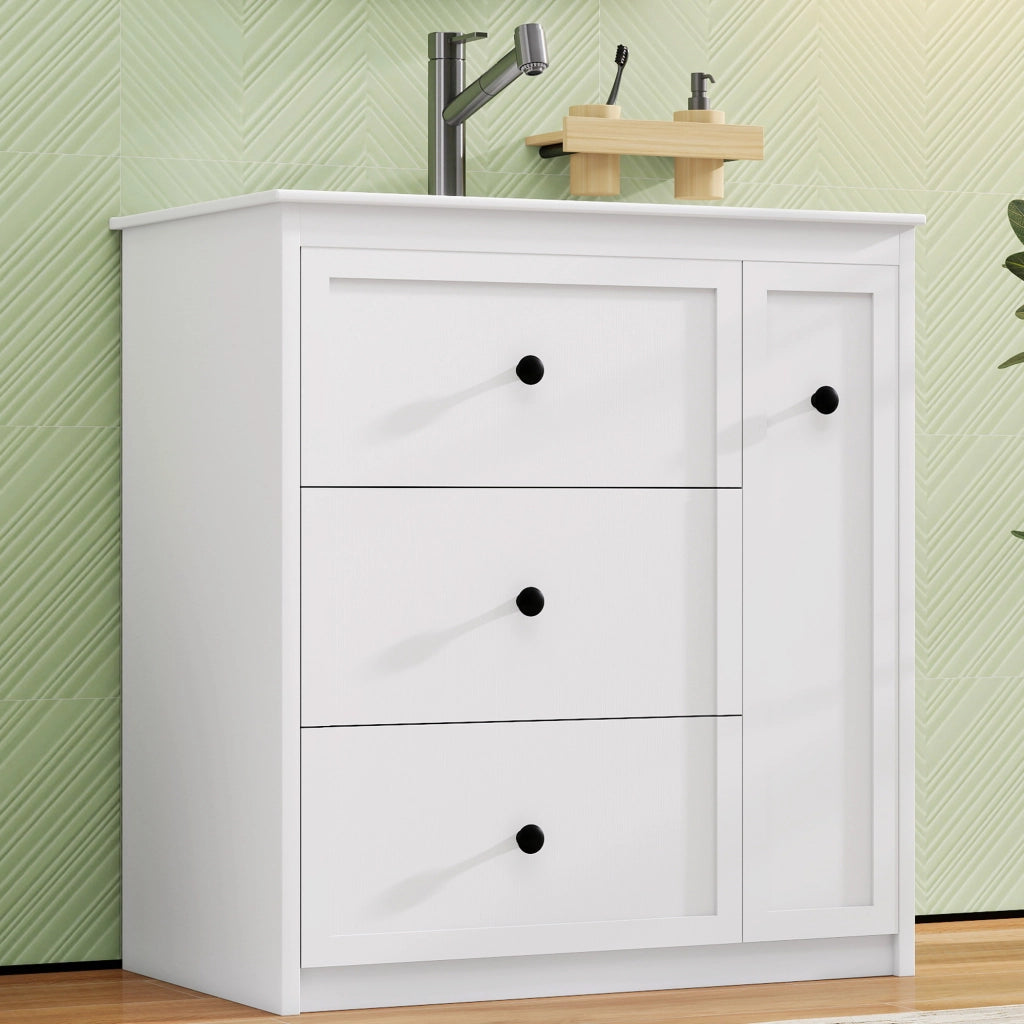 Mobile bagno freestanding 76 x 46 x 82 cm con lavabo in ceramica integrato, 4 cassetti, bianco