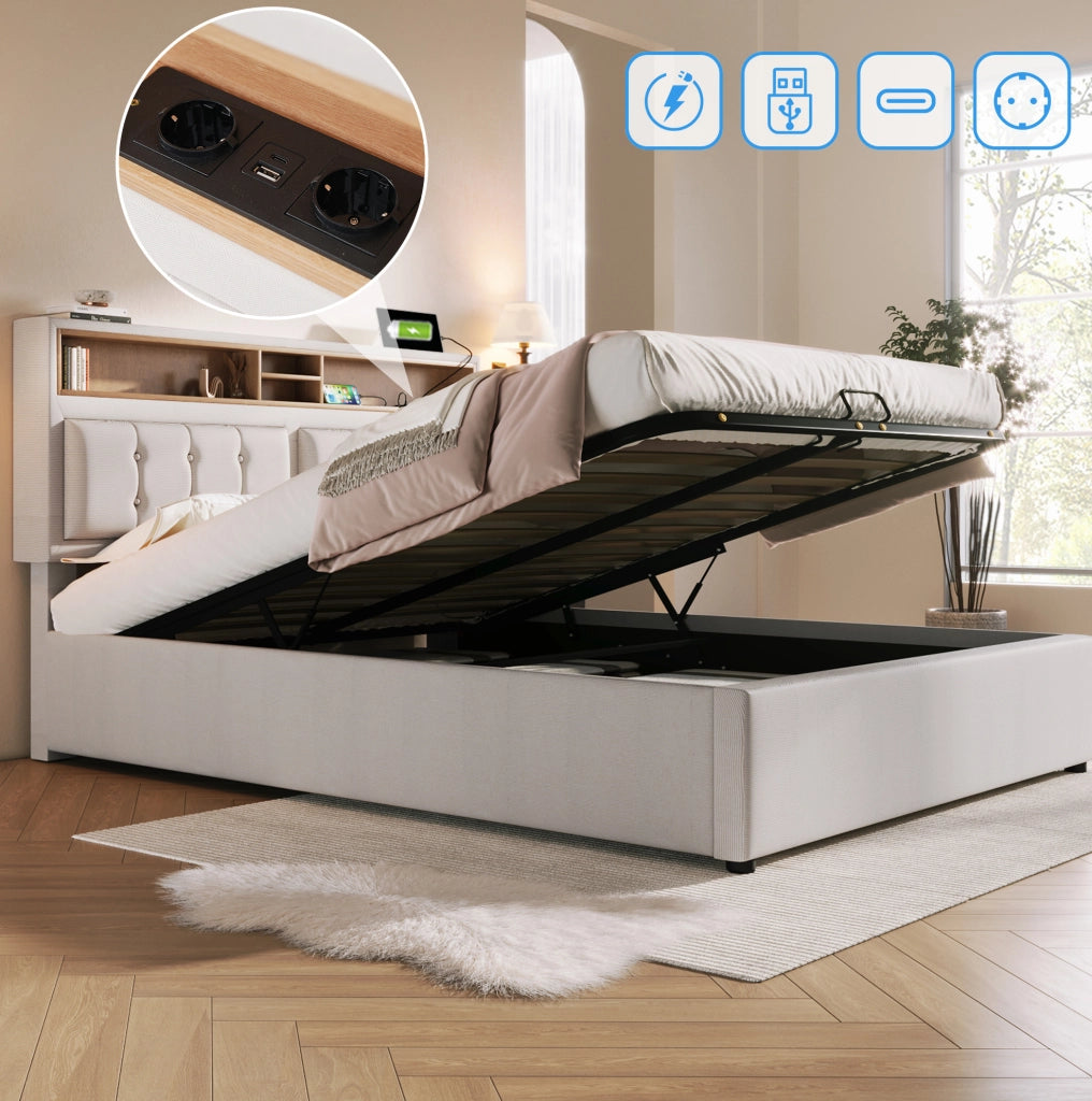 Letto matrimoniale imbottito 160x200 cm in lino beige con testiera regolabile; USB e Type-C; contenitore