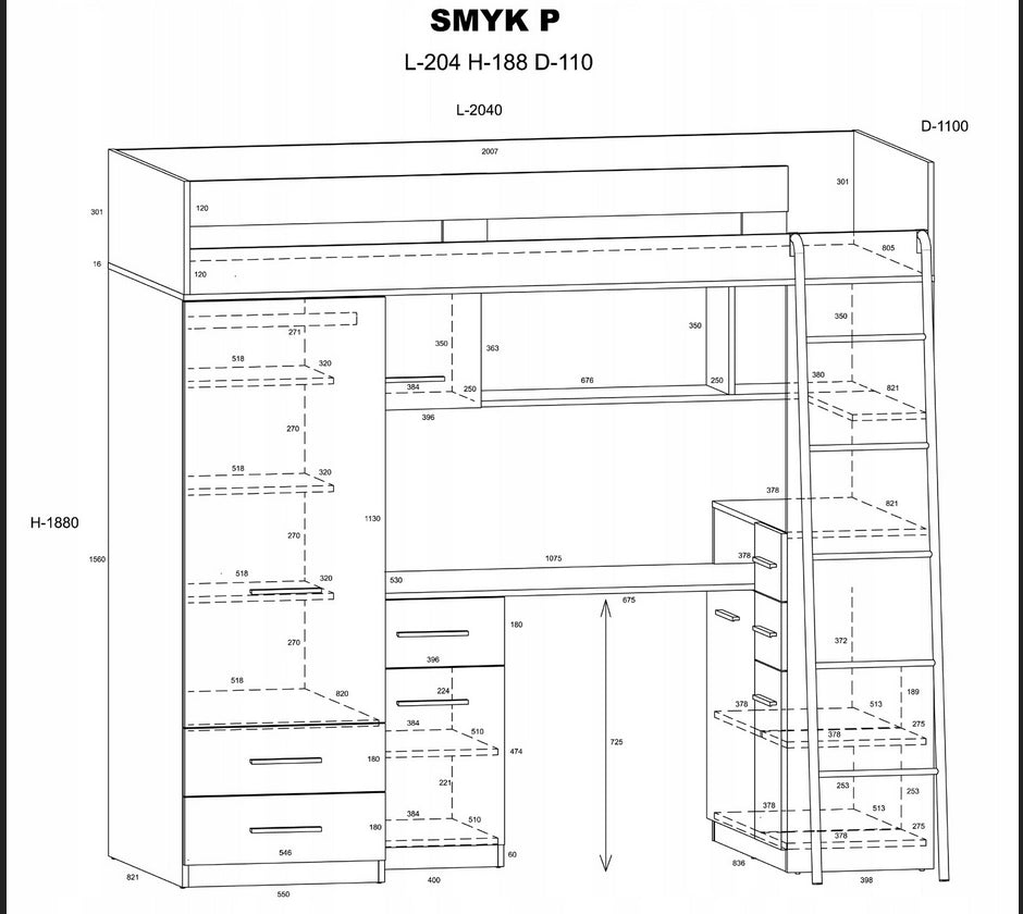 BIM Furniture letto soppalco con scrivania SMYK P cm110x204x188h Rovere chiaro Bianco