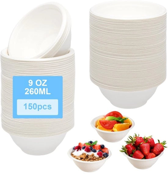 Kit di contenitori compostabili a base di canna da zucchero - 150 pezzi - 260 ml - BPA libero - senza glutine - confezione in cartone