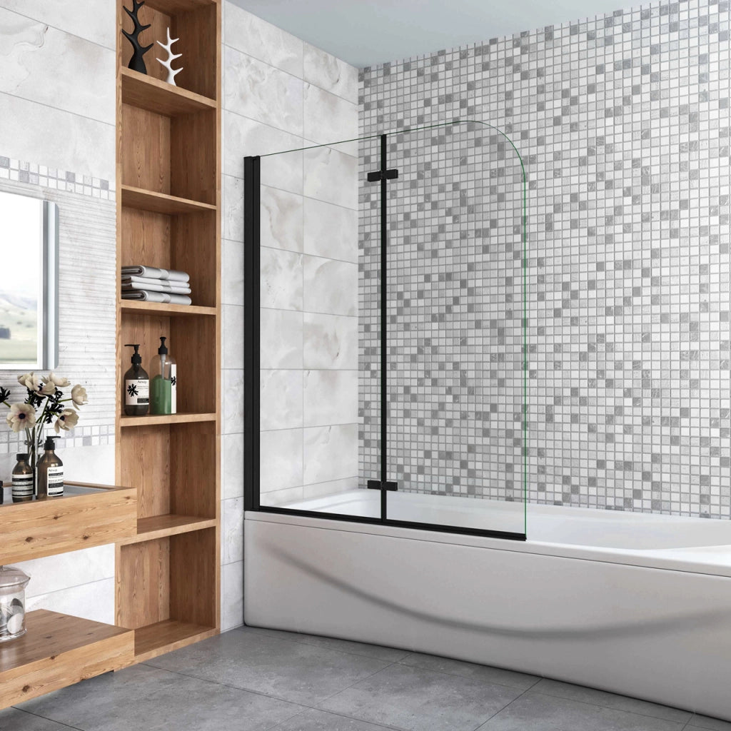 Sopravasca da Bagno Parete Vasca Doccia 100x140 cm Due Ante Movibili Vetro Temperato Trasparente 6 mm Anticalcare Telaio Nero Opaco