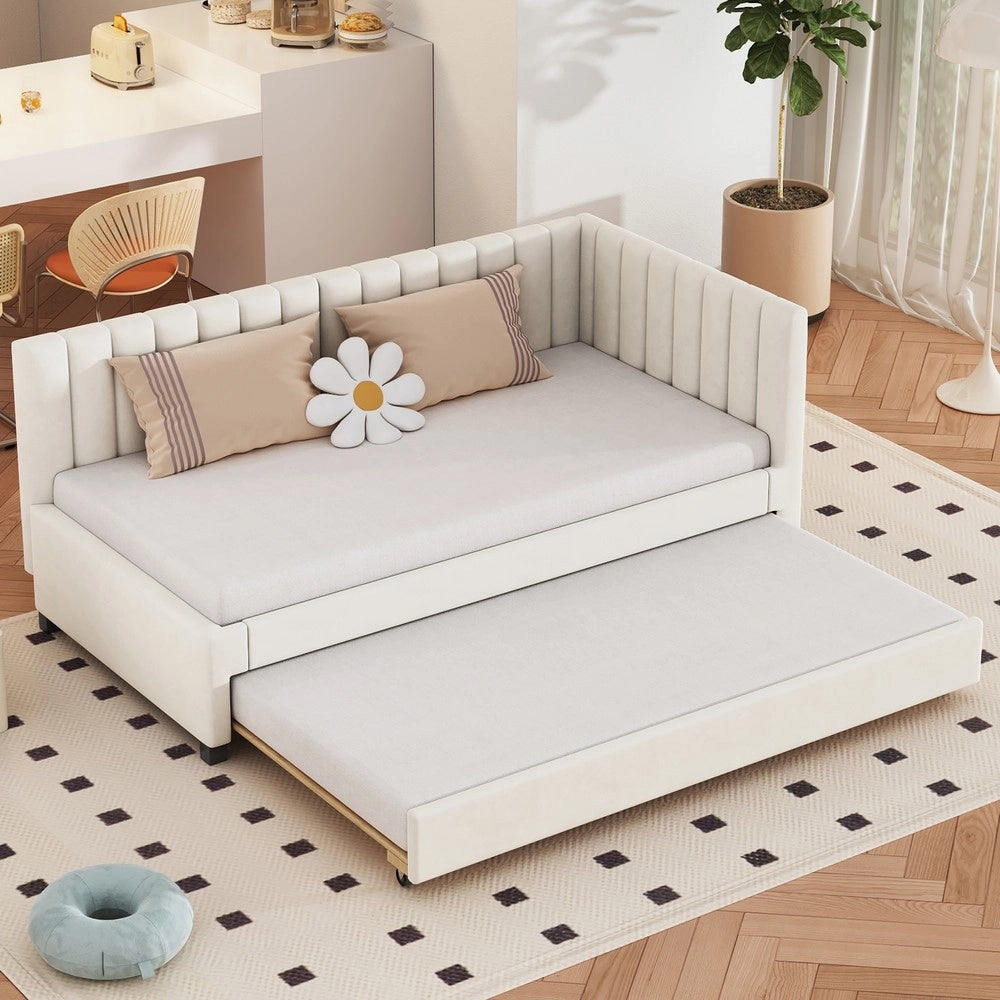 Letto Imbottito Singolo Estraibile con Rete a Doghe ¨C MINIMAL ¨C Velluto Beige 90x200