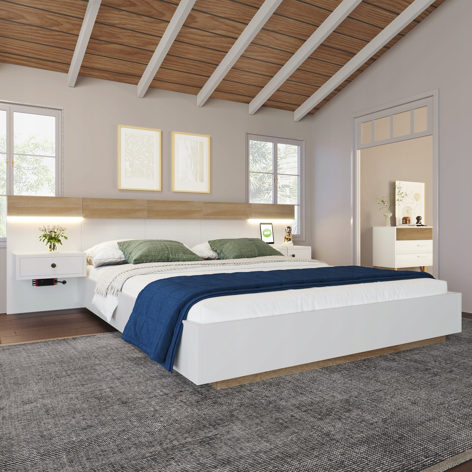 Letto 140x200 con 2 comodini e USB - Xylo - Bianco/Rovere senza materasso