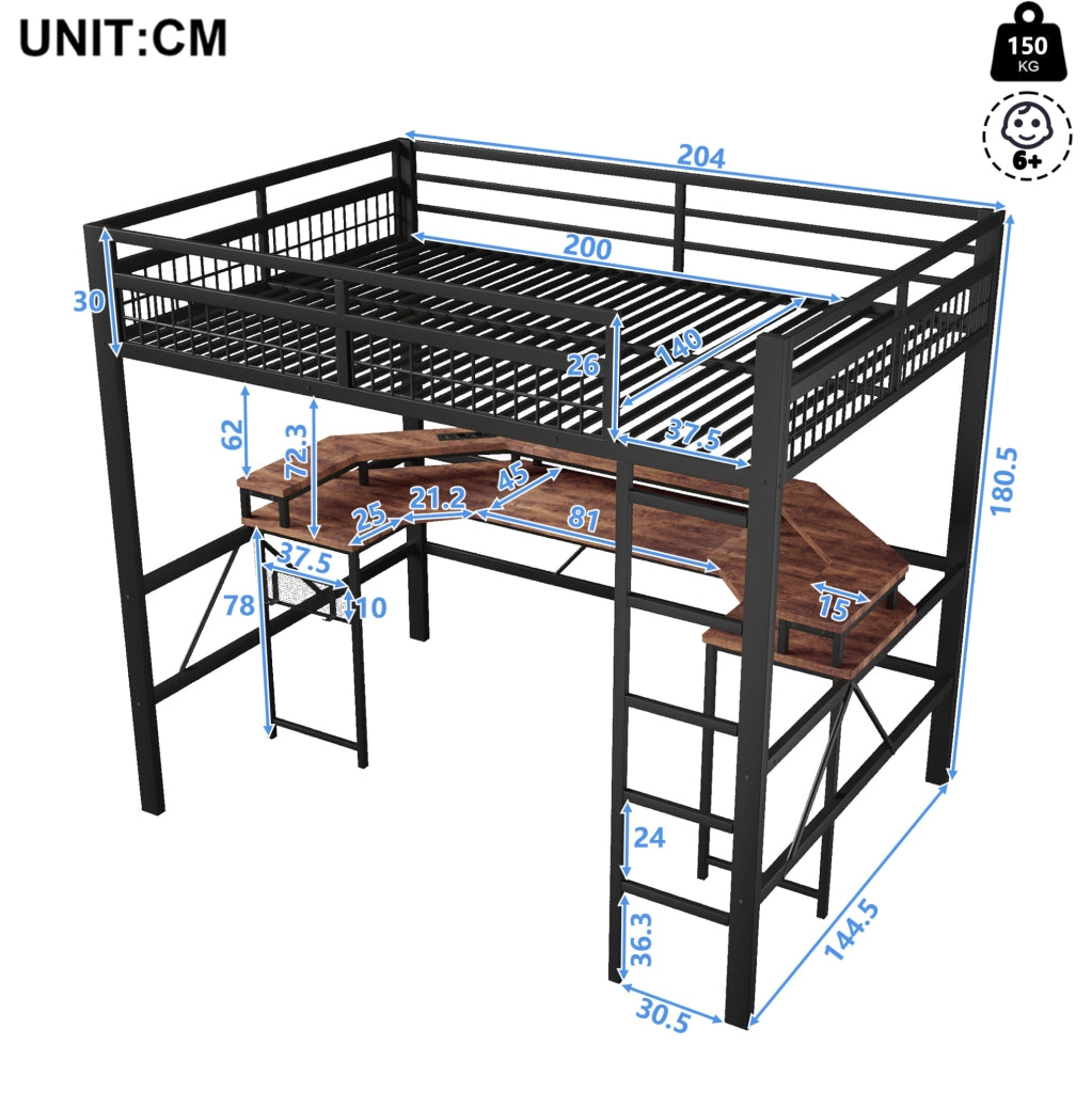 Letto a soppalco 140x200 cm con scrivania; LED e porte USB; in metallo e MDF