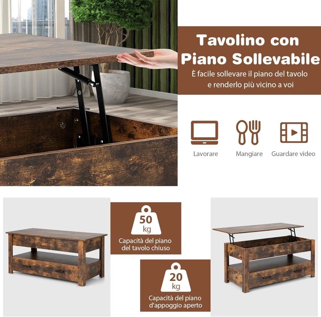 Tavolino da Caffè Sollevabile, Tavolino da Divano Industriale con 2 Cassetti, Vano Chiuso, Ripiano e Sistema di Sollevamento Pneumatico, Tavolino da Salotto, Studio e Ufficio