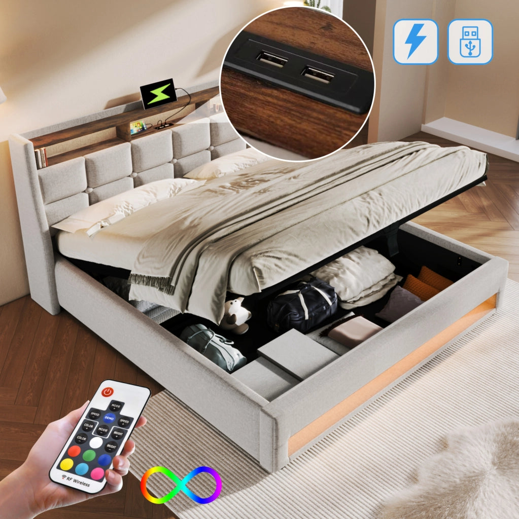 Letto imbottito 180x200 cm con LED, USB e vano contenitore