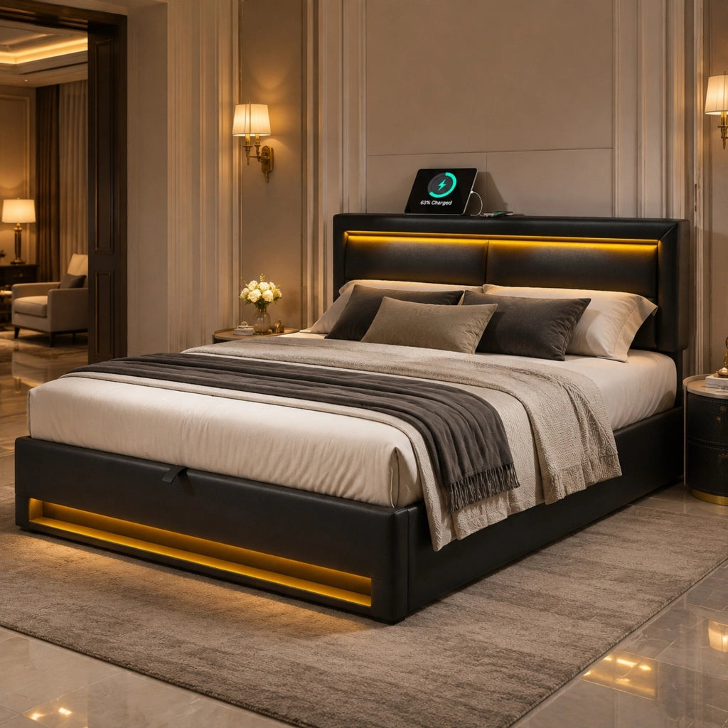 Letto imbottito 140x190 cm con USB; LED e contenitore; in PU nero