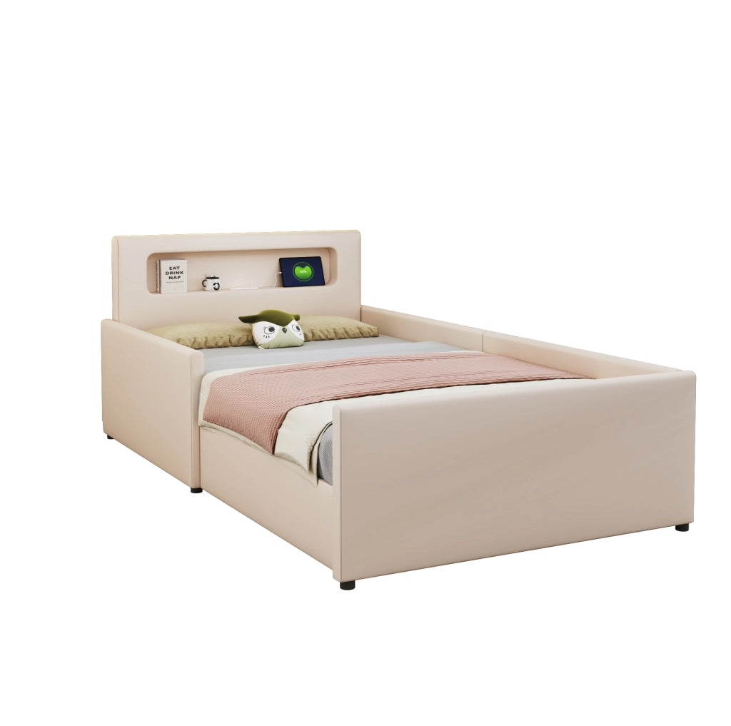 Letto imbottito per bambini 90x200 cm; con luce notturna e USB; ecopelle beige
