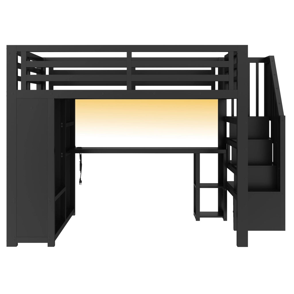 Letto a Soppalco 160x200 cm; Letto Matrimoniale - Scrivania; LED e Armadio in Metallo