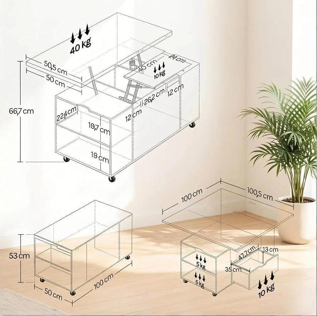 Tavolino elevabile mobile bianco con cassetto e ruote