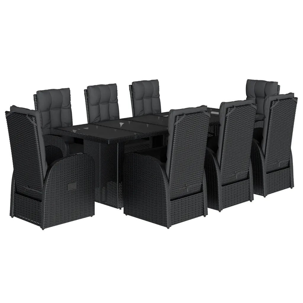 Set da Pranzo da Giardino 9 pz con Cuscini Nero in Polyrattan