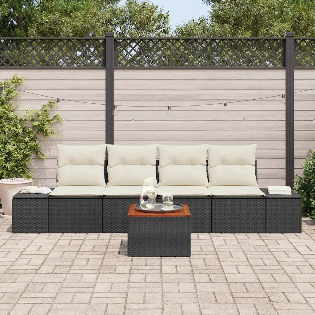Set Divano da Giardino 5 pcs Nero e Crema polyrattan