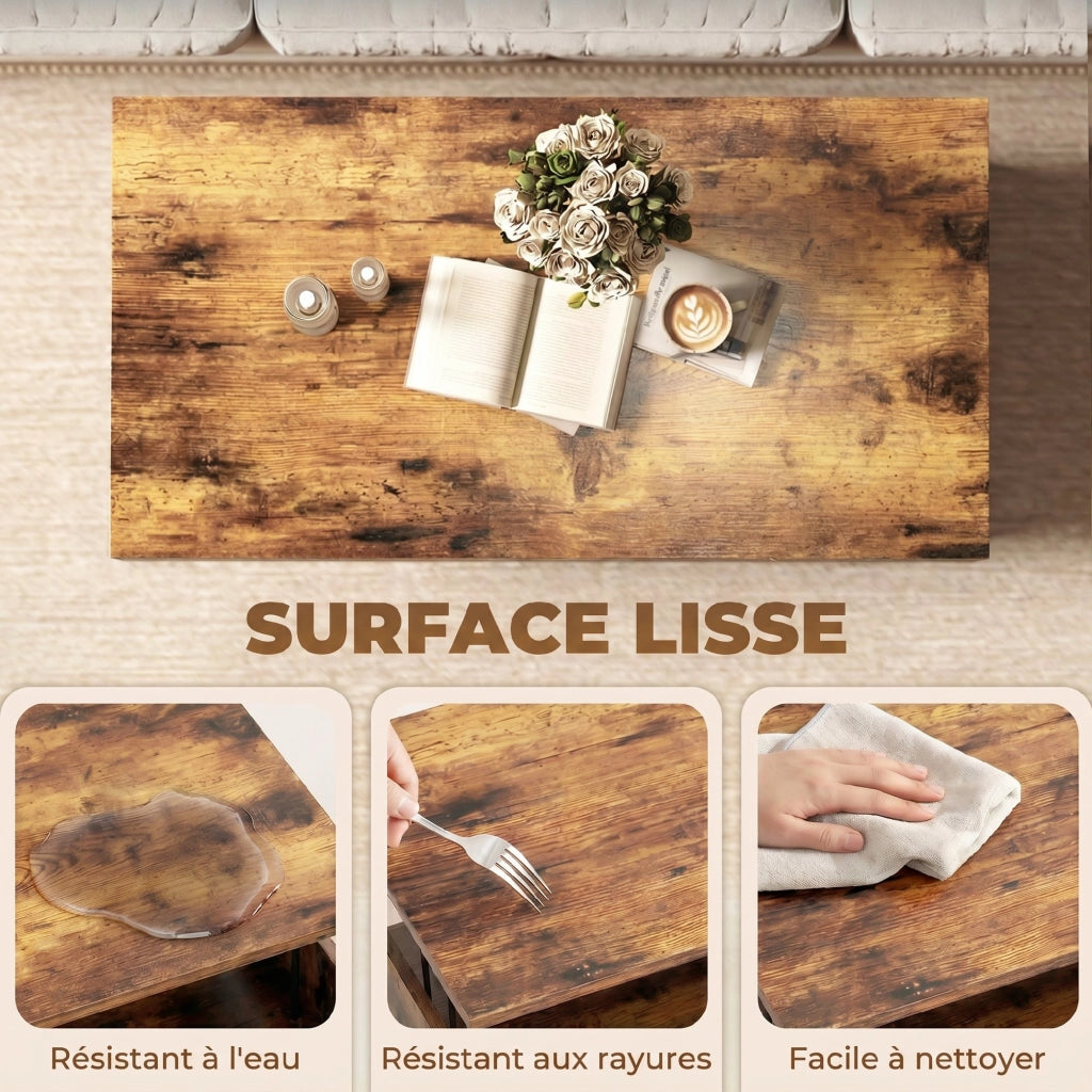 Tavolino da caff¨¨ in legno con ripiano nascosto ¨C zephmum ¨C 95x50x40 cm, marrone rustico