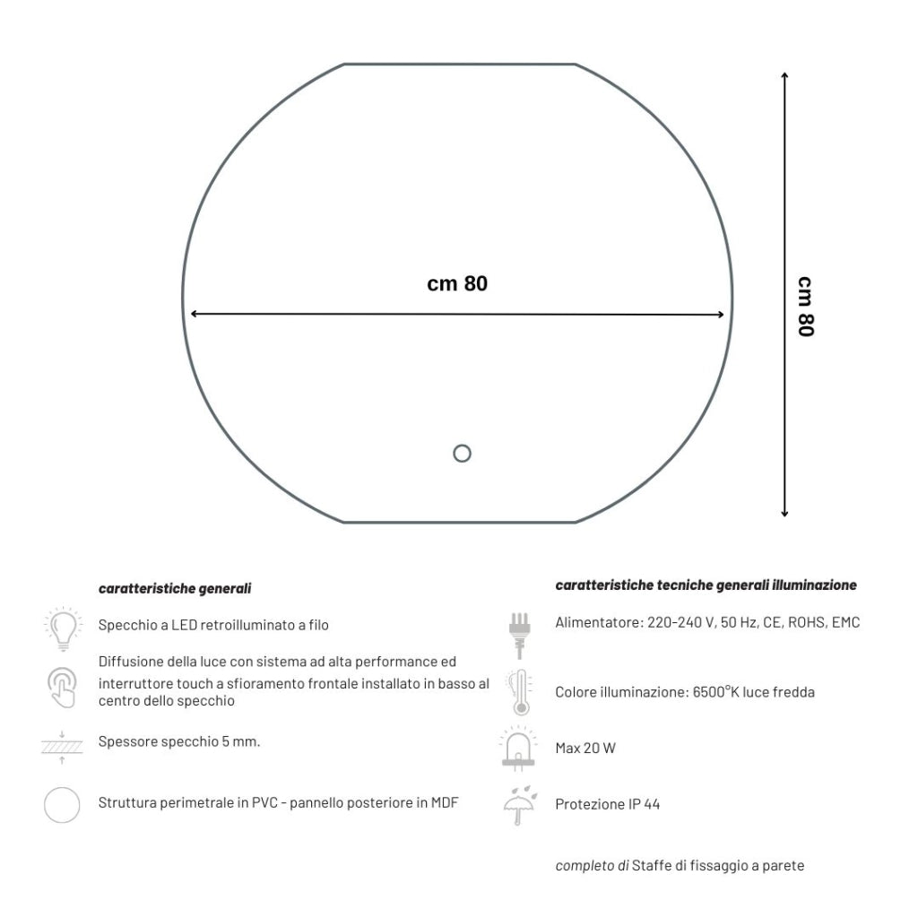 Specchio 5 mm semicircolare retroilluminato led interruttore touch *** misure 80x80 cm, tonalità dimmerabile 2700-45...