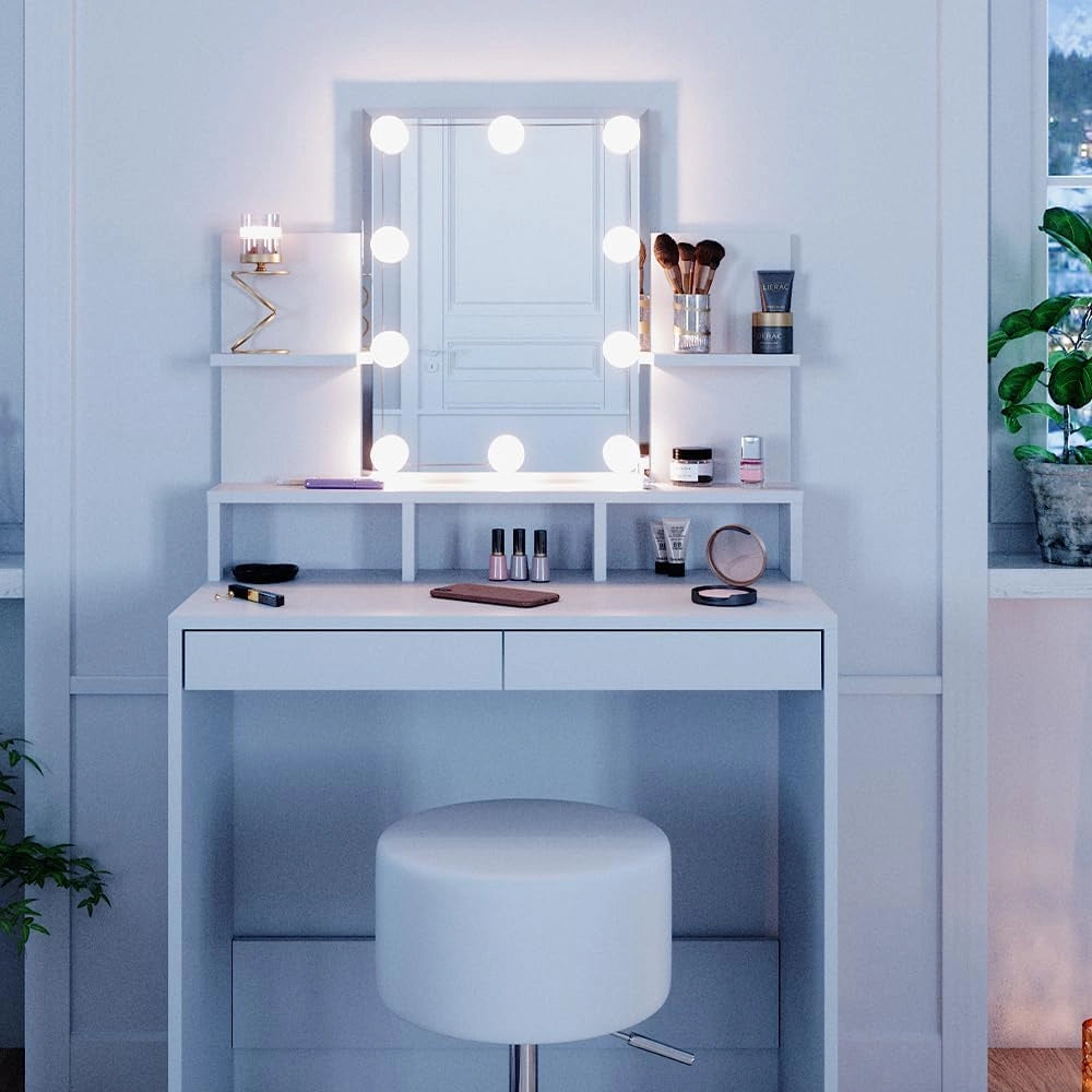 Tavolo da toeletta Ania, Bianco, 80 cm con illuminazione LED e sgabello, Salvaspazio e funzionale allo stesso tempo