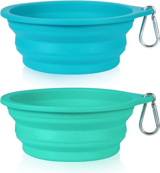Pacco di 2 Piatti per Animali, Piatti Viaggiabili Fodili Senza Anello in Plastica, Piatto in Silicone Portatile per Escursioni e Campeggio, per Cani e Gatti, 600 ml (Azzurro chiaro e Verde chiaro)