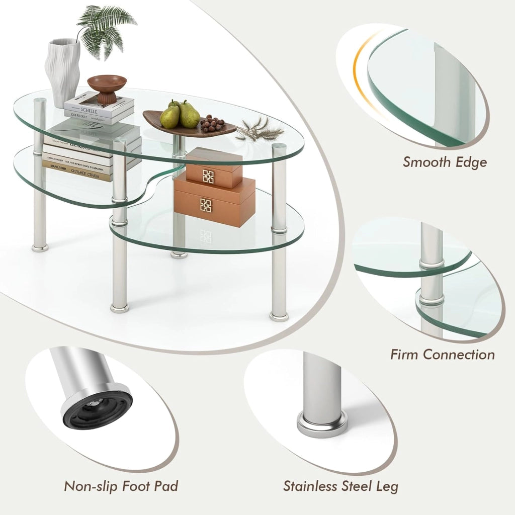 Tavolino da salotto in vetro temperato, tavolino ovale con 3 ripiani in vetro e gambe in acciaio inox con poggiapiedi, elegante tavolo da soggiorno per ufficio e casa, 89 × 49 × 45 cm