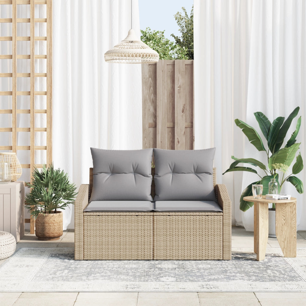 Sofa da Giardino 2 Posti con Ripostiglio e Cuscini Beige in Polyrattan