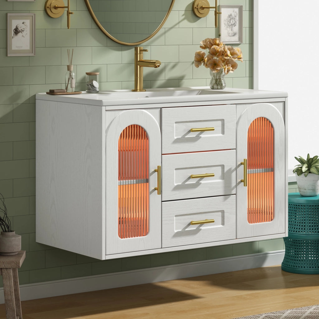 Mobile bagno sospeso con 2 cassetti; 2 ante e ripiani regolabili con LED e lavabo; per bagno; 76×46×55 cm; bianco