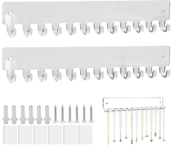 Supporto per collane da appendere al muro, stendardo per catenelle, catenella con 12 ganci, supporto per accessori per bracciali, orecchini, chiavi, collane e anelli, acrilico, 2 pezzi, trasparente
