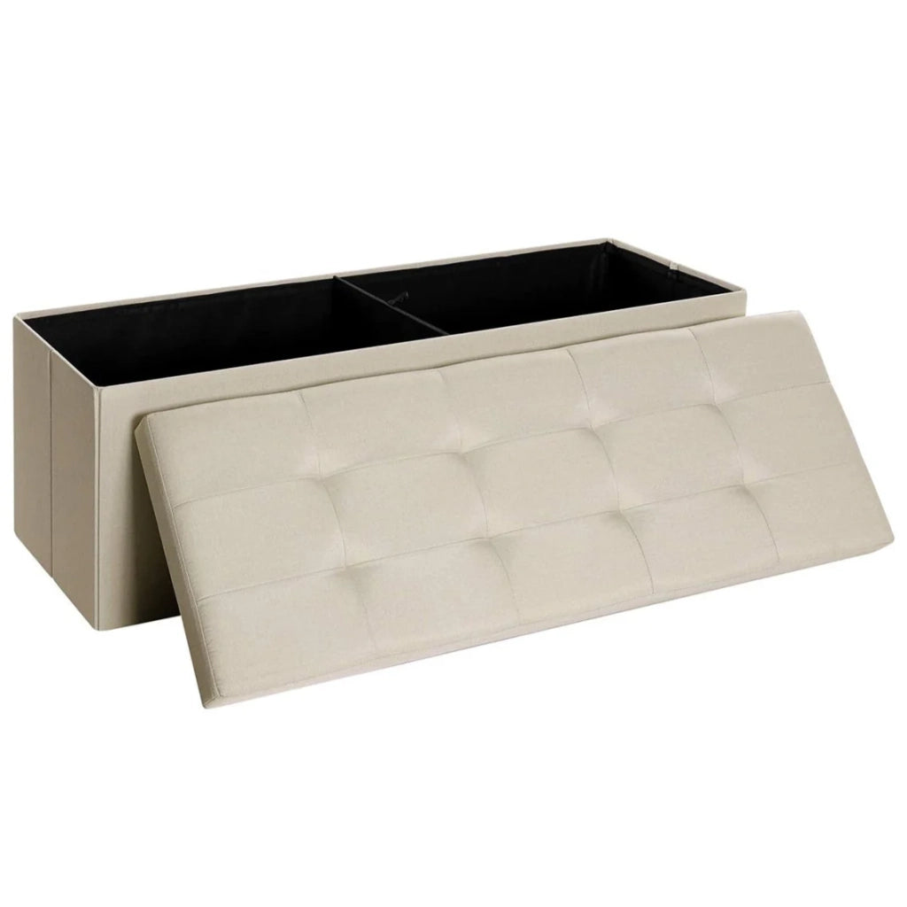 Panca contenitore 110 x 38 x 38 cm grande pouf pieghevole per 3 persone tessuto di lino beige 12_0004123