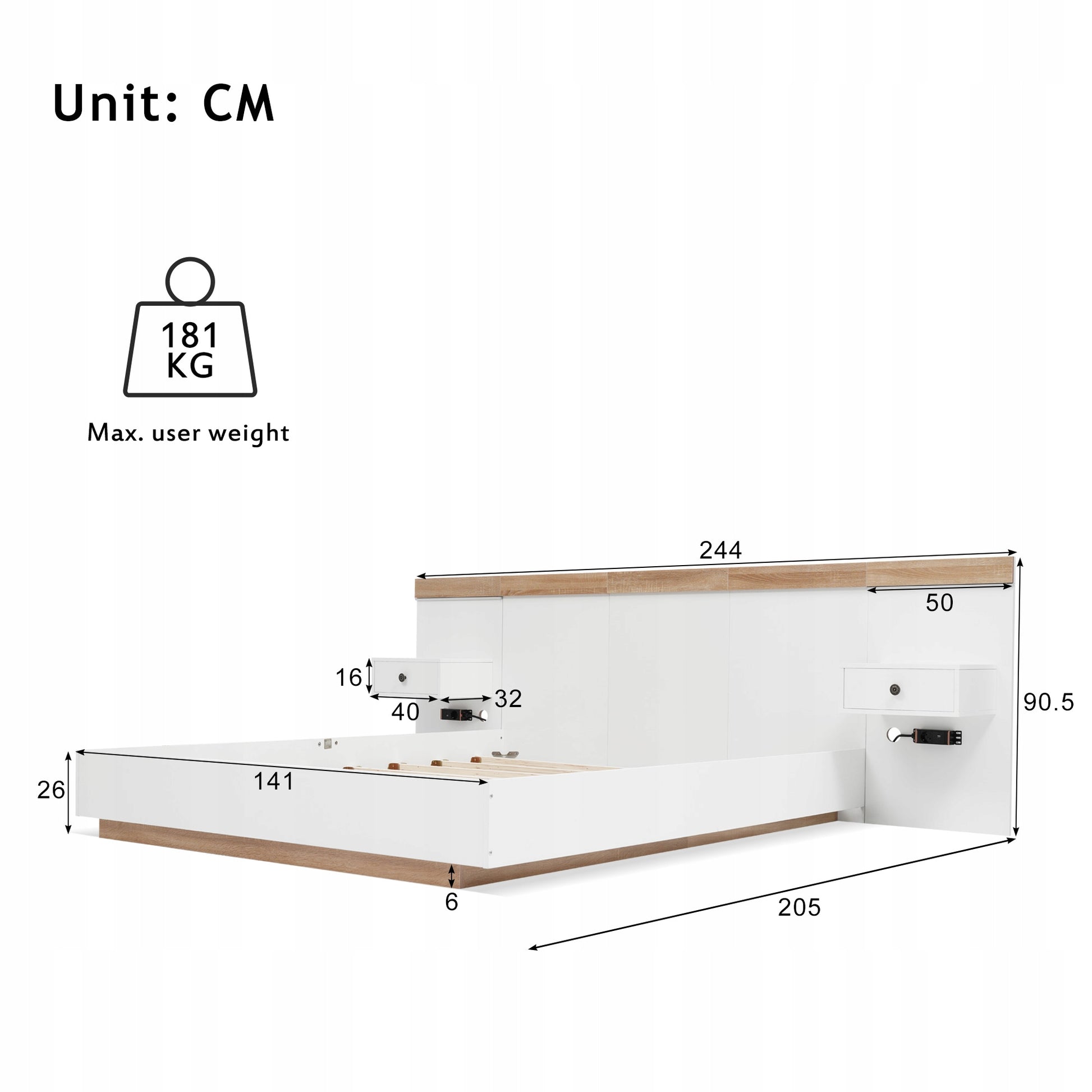 Letto 140x200 con 2 comodini e USB - Xylo - Bianco/Rovere senza materasso