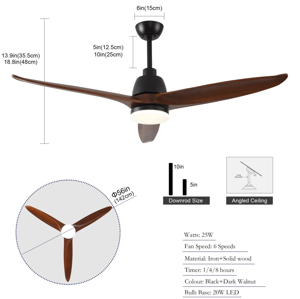 VENTILATORE da soffitto 132,08 cm LED dimmerabile Noce e Nero