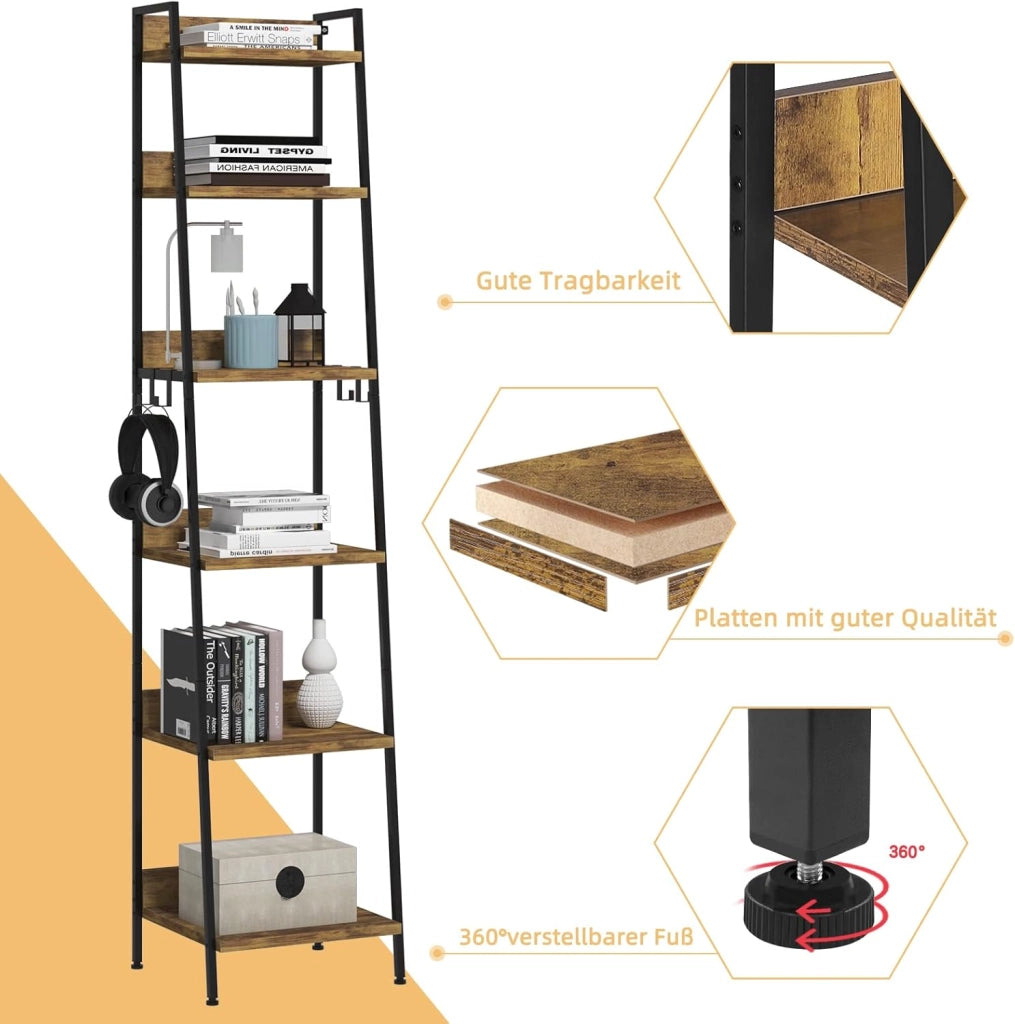 Libreria a 6 Ripiani, Scaffale con 4 Ganci Industriale, Scaffale a Scala in MDF e Metallo per Soggiorno, Cucina, Studio, Ufficio,Nero,41x36x187cm RGB930hov