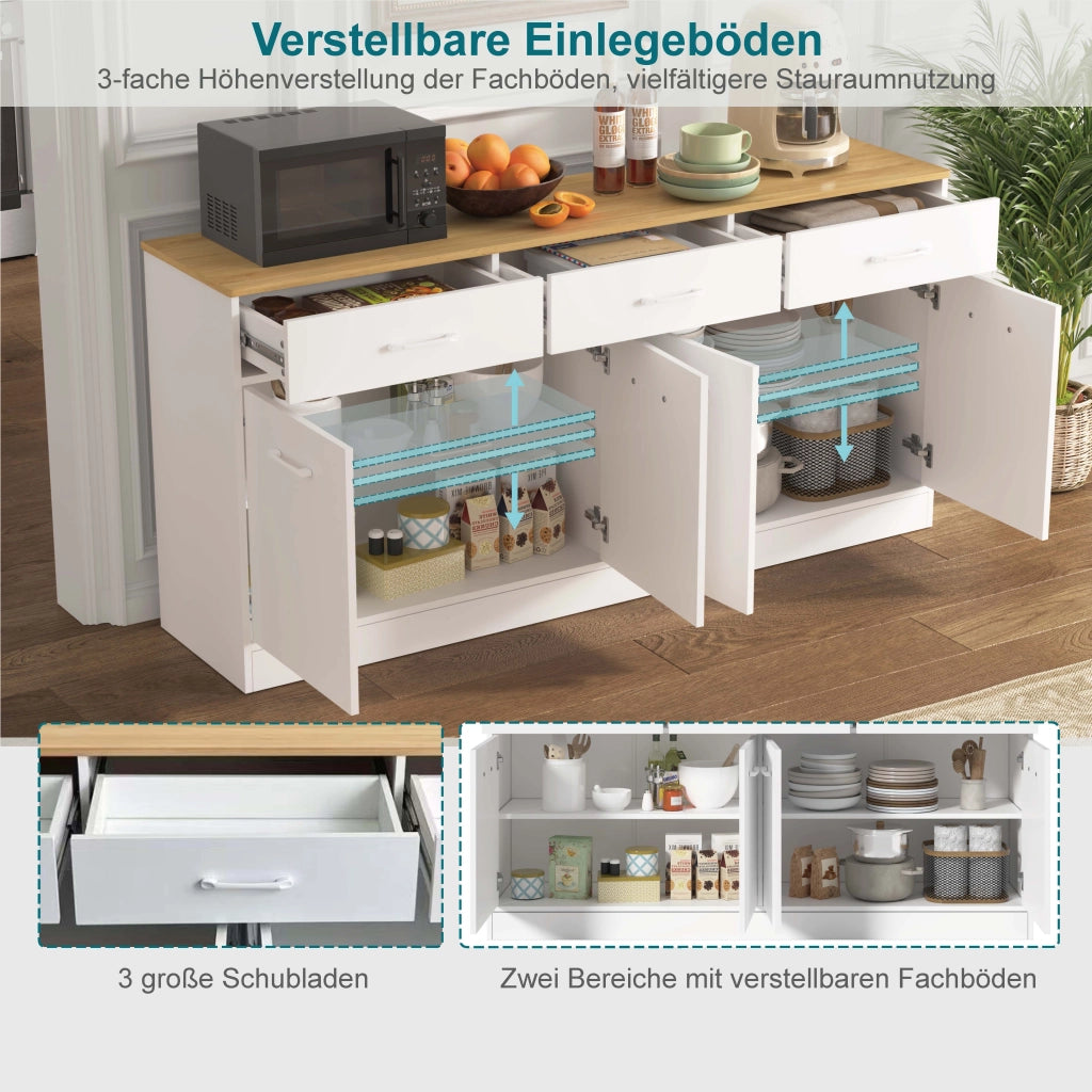 Credenza da cucina con 3 cassetti e ripiani regolabili per cucina e soggiorno in MDF bianco naturale 160 × 37 × 76,5 cm