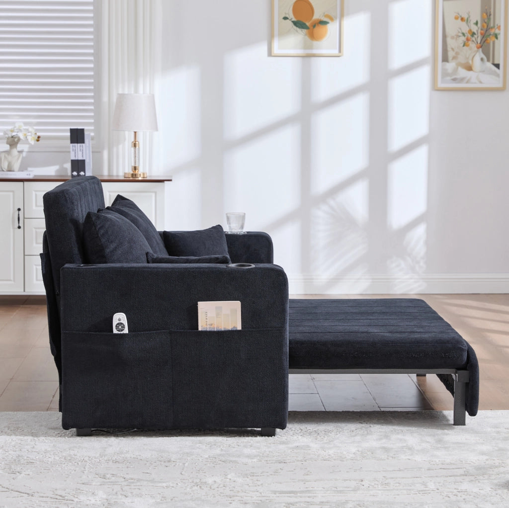 Divano letto 139x73x83 cm nero, USB, portabicchieri, tessuto chenille