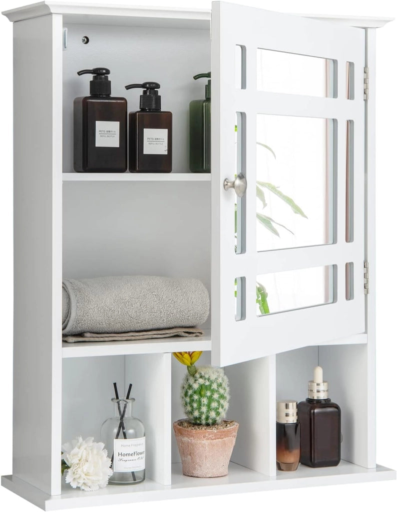 Specchio Bagno con Mensola, Toletta da Trucco Bianco con Specchio con 3 Scomparti e 1 Anta, Armadietto da Parete con Ripiano Regolabile, 48x17x60cm