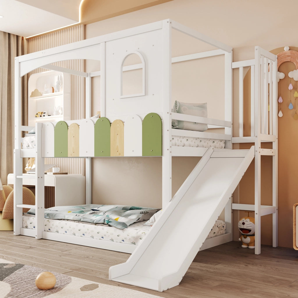 Letto a Castello Letto Singolo 90x200 cm con Rampa; Scala; Finestre; in Legno; Bianco