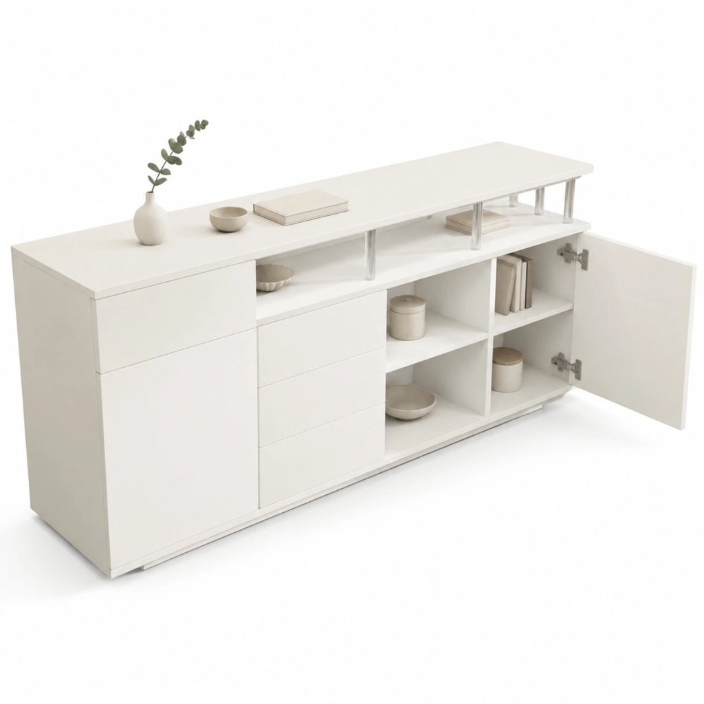Credenza bianca 160 cm con LED, 4 cassetti e 2 ante