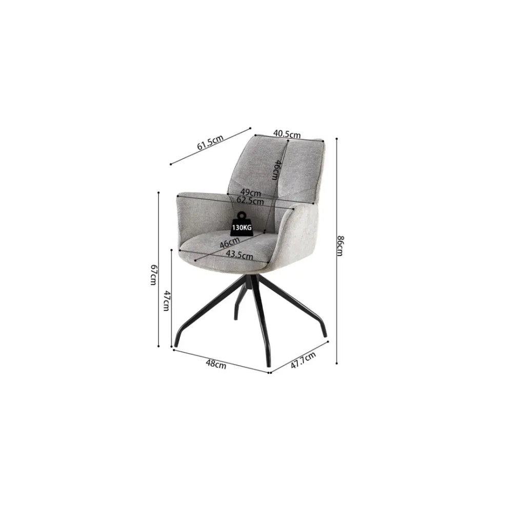 Sedia da pranzo girevole TRINITY – Tessuto grigio – Con braccioli – Piedi in metallo nero – Stile design/industriale
