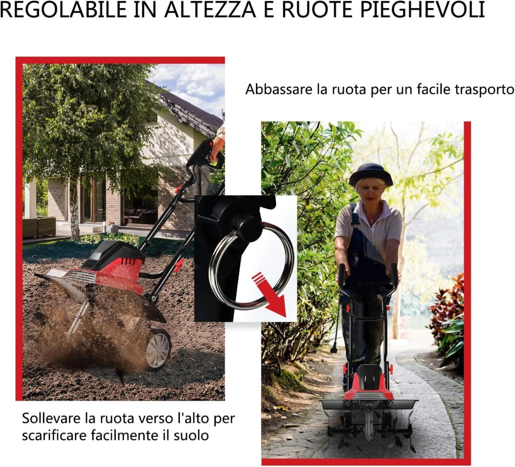 Motozappa Elettrica 1500W, Zappatrice Elettrica con Maniglia Pieghevole, Ruote Regolabili, 6 Lame, Velocità 400 PRM, Profondità 22 cm, Larghezza 43 cm (Rosso, 1500 W)