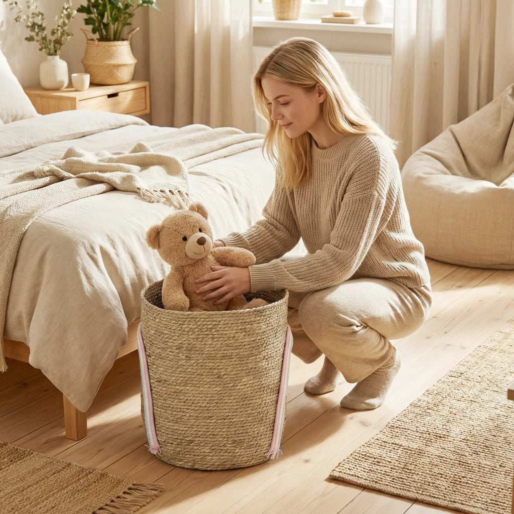 Cestino intrecciato grande per bagno e camera da letto ¨C zephmum ¨C 24.7 litri con decorazione arcobaleno