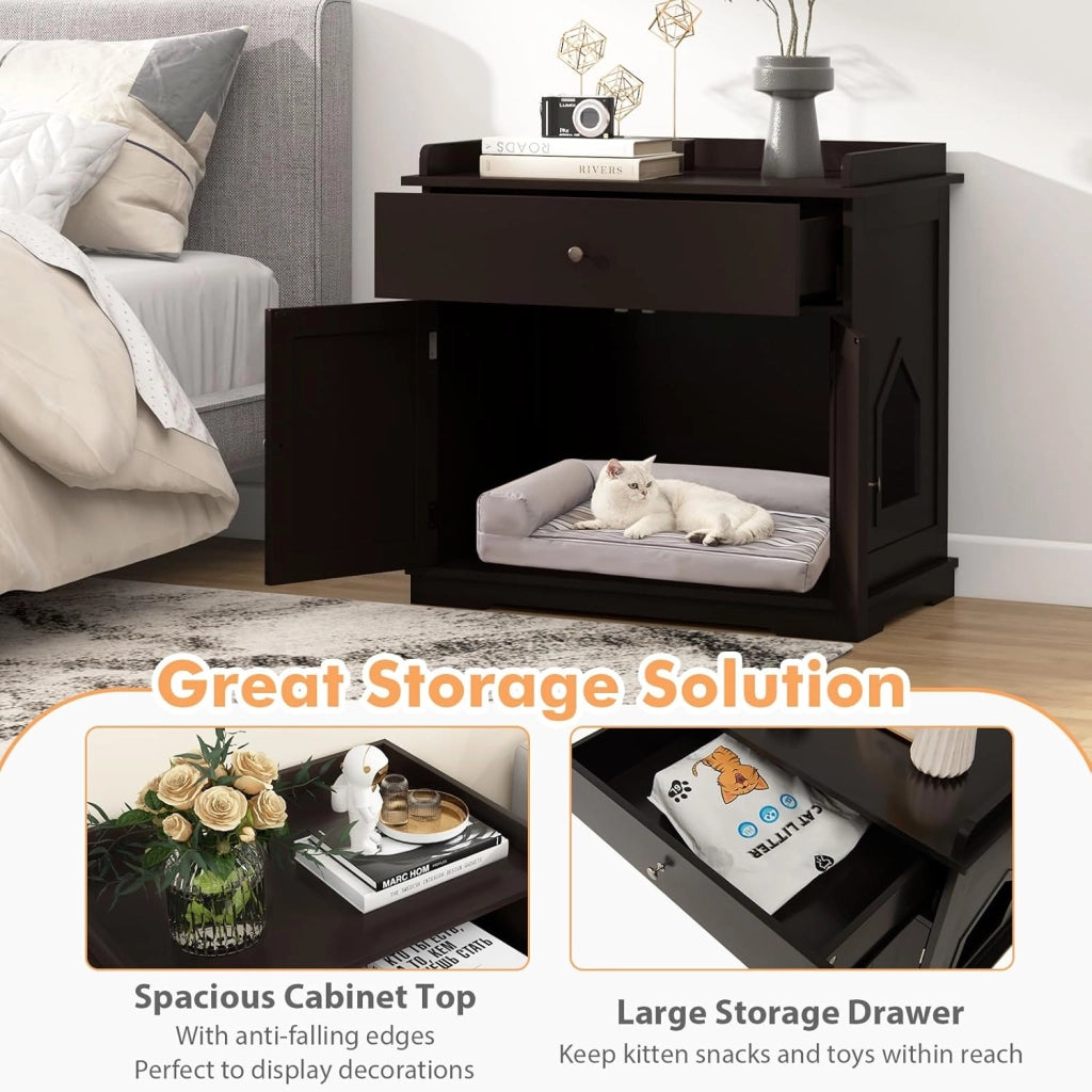 Mobile Lettiera per Gatti con 2 Ante e Cassetto, Armadio per Gatto in Legno con Ingresso Laterale, Grotta Rifugio Multiuso per Soggiorno, Camera da Letto e Ingresso, 76 x 53 x 74 cm