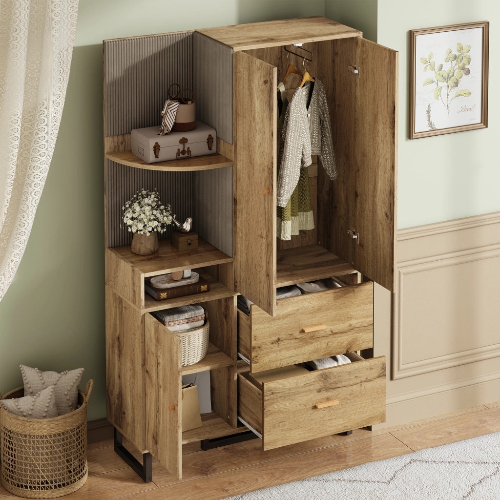 Mobile d'Ingresso con 1 Anta; 2 Cassetti; Barra Estraibile e Nicchie; Pannelli in Tessuto; Moderno; in MDF; Nero e Naturale; 110??38??186 cm