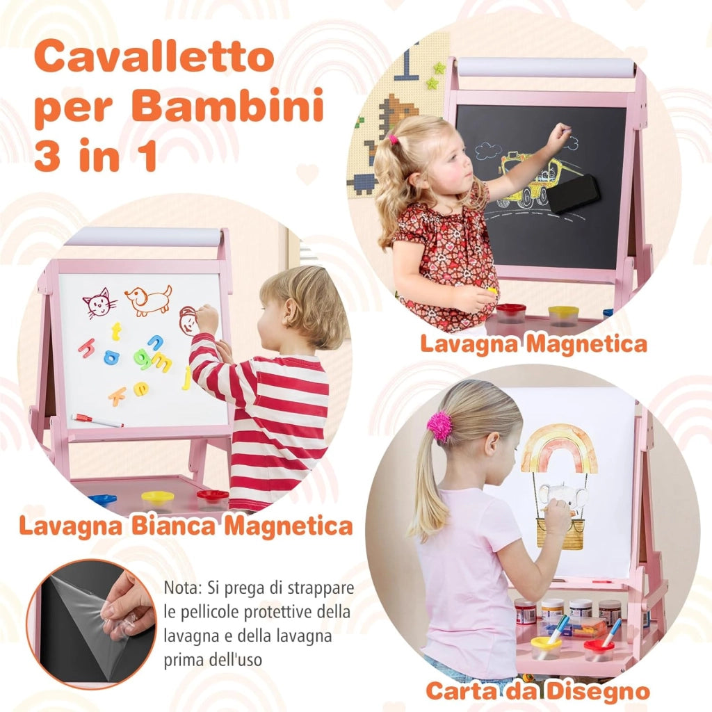 3 in 1 Cavalletto per Bambini, Cavalletto con Doppia Faccia Magnetica e Lavagna Bianca, Rotolo di Carta, 3 Bicchieri per Vernice e 2 Cestini in Tessuto, per Bambini 3-6 Anni (Rosa)